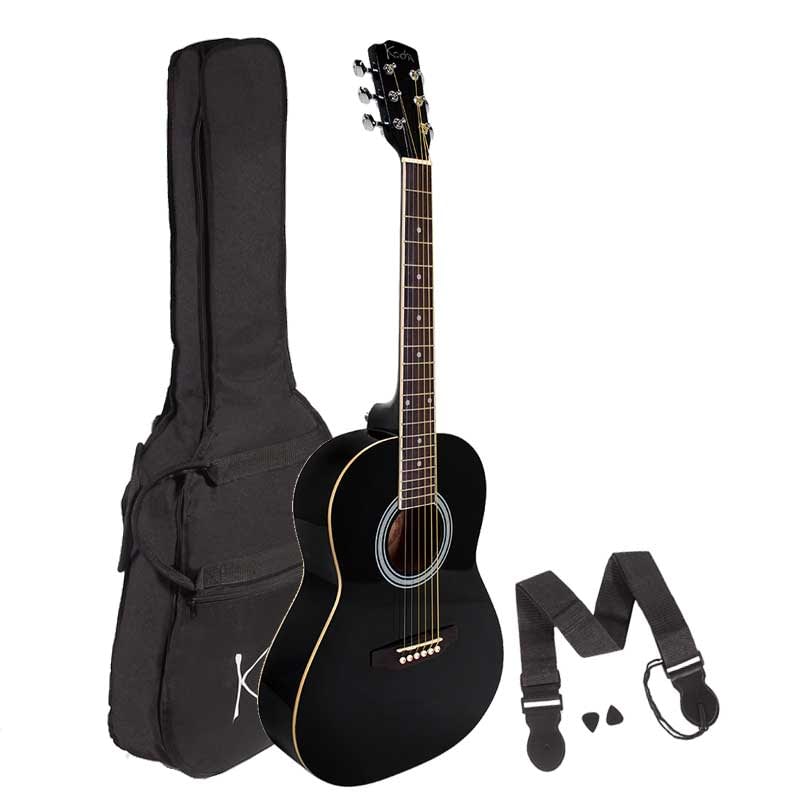 Acoustic Guitar, Koda 4/4 Size BLACK Guitar Pack, with Bag, Strap & 2 Pics