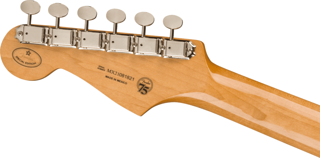 Back of headstock of 6-string Fender Limited Edition Vintera 60's Stratocaster in Olympic White