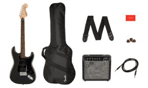 Squier Affinity Stratocaster Electric Guitar Pack in Charcoal Frost Metallic with guitar, guitar bag, amp, guitar strap and 3 guitar pics