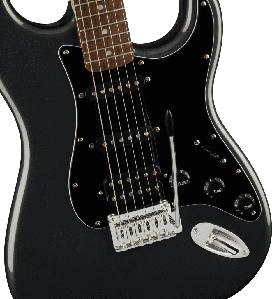 Body and tremolo of 6-string Squier Affinity Stratocaster Electric Guitar in Charcoal Frost Metallic