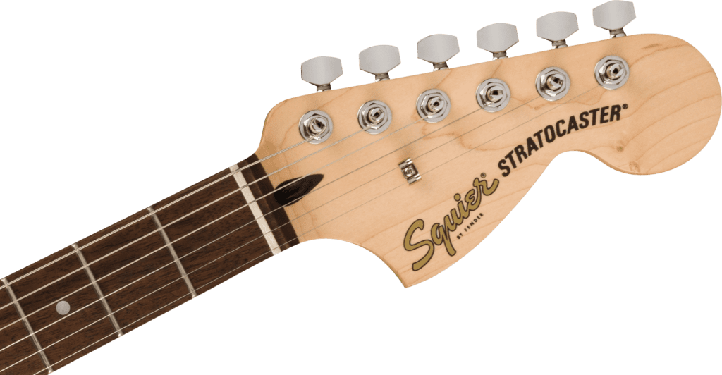 Headstock of 6-string Squier Affinity Stratocaster Electric Guitar in Charcoal Frost Metallic