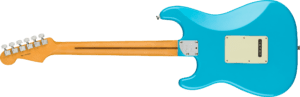 Horizontal rear pose of Fender American Professional II Stratocaster® Electric Guitar in Miami Blue