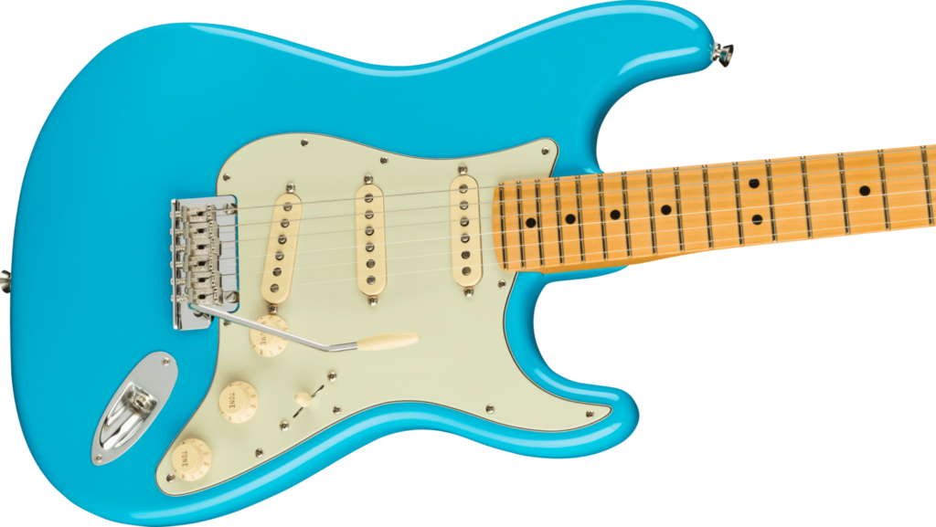 Horizontal close-up of body on 6-string Fender American Professional II Stratocaster® Electric Guitar in Miami Blue