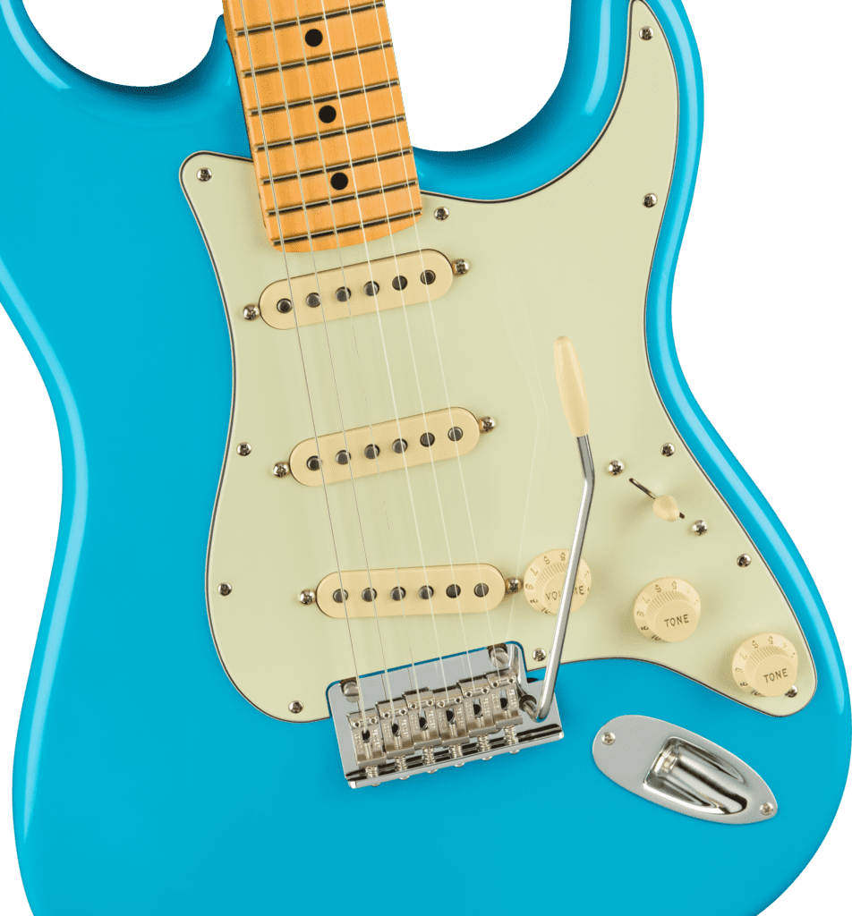 Close-up of body on 6-string Fender American Professional II Stratocaster® Electric Guitar in Miami Blue