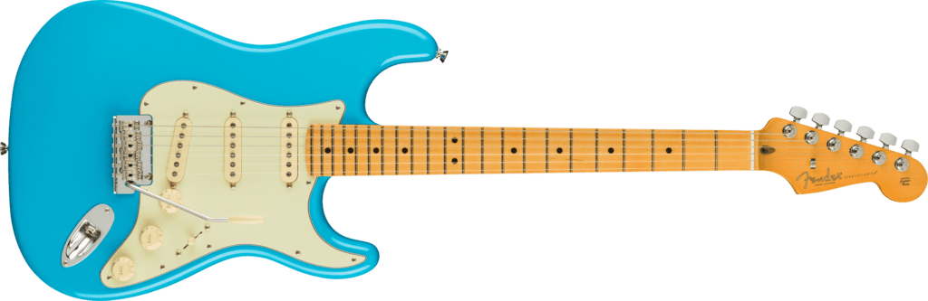 Horizontal pose of Fender American Professional II Stratocaster® Electric Guitar in Miami Blue