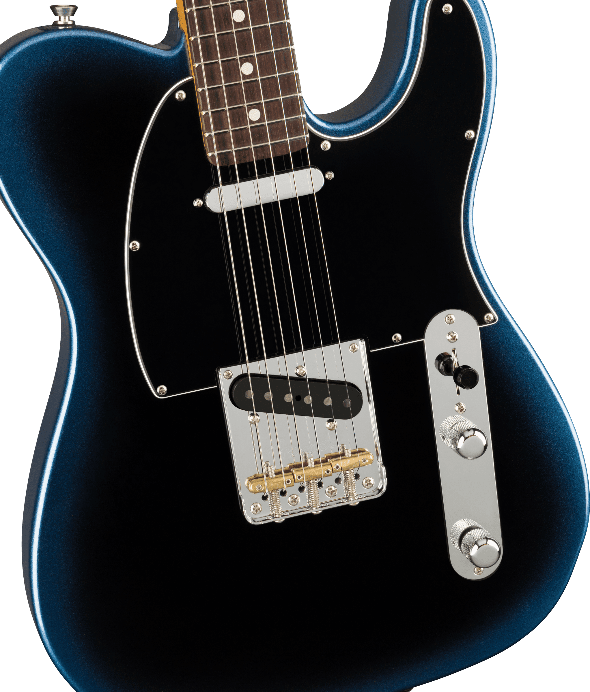 Body and controls on 6-string Fender American Professional II Telecaster® Electric Guitar in Dark Knight blue close-up
