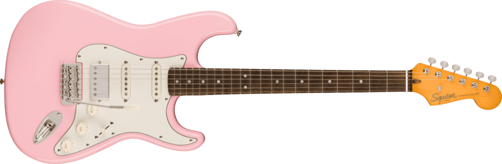 Squier FSR Classic Vibe 60's Stratocaster Electric Guitar in Shell Pink. Horizontal full image of a 6-string guitar