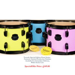 Mapex special edition pastel series snare drums in 3 colours, purple, blue and lemon