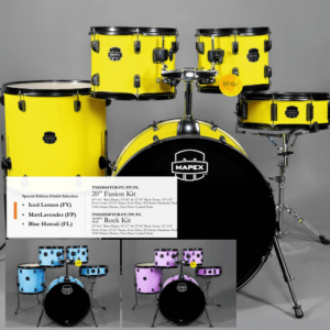 Mapex Limited Edition Tornado Fusion Drum kits. 3 drum kits in Iced Lemon, Matt Lavender and Blue Hawaii
