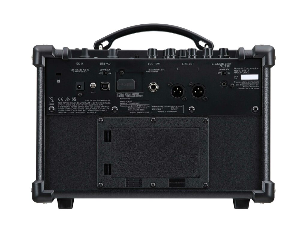 Boss Dual Cube Bass LX Bass Amplifier connections on black unit