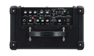 Top of black Boss Dual Cube Bass LX Bass Amplifier showing control knobs