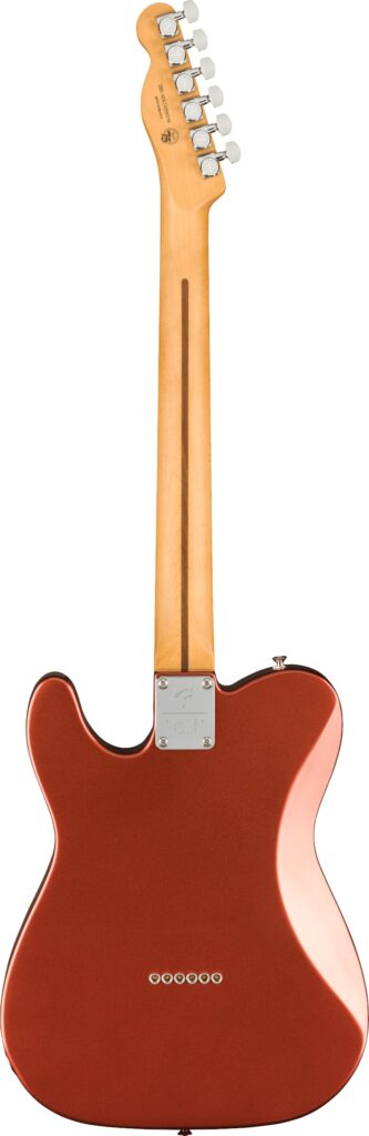 Rear of Fender Player Plus Telecaster Electric Guitar in Aged Candy Apple Red