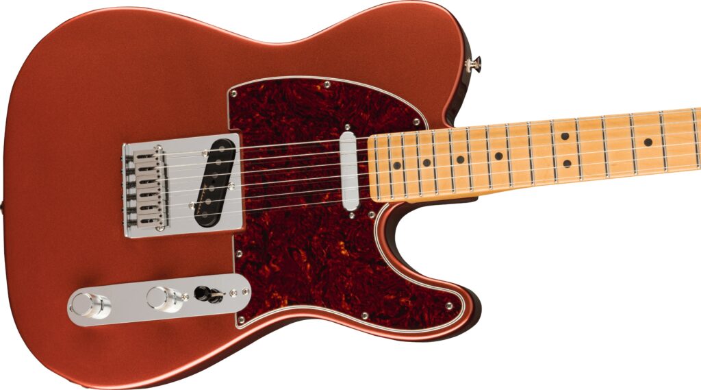 Body of 6-string Fender Player Plus Telecaster Electric Guitar in Aged Candy Apple Red