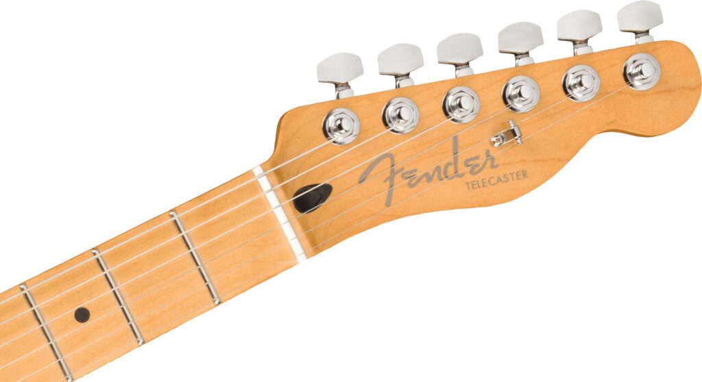 Headstock of 6-string Fender Player Plus Telecaster Electric Guitar in Aged Candy Apple Red
