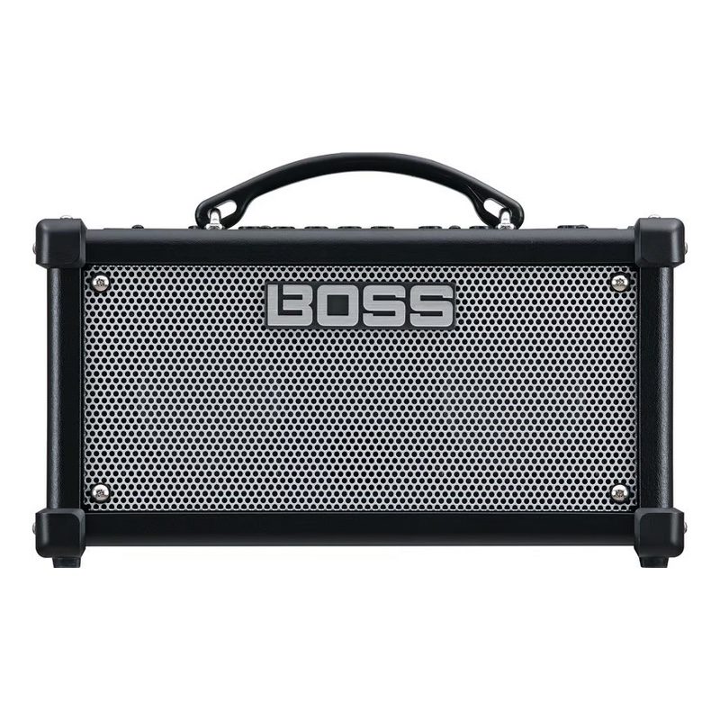 Front of black Boss Dual Cube LX Portable Guitar Amp with silver grill