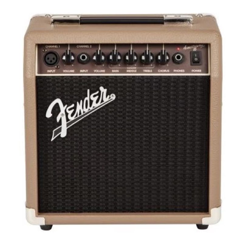 Fender Acoustasonic 15 Acoustic Combo Amplifier. Front of brown amp with black grill. Shows 6 control knobs and power switch