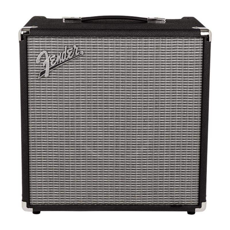Front view of black Fender Rumble 40 Bass Amplifier with 10″ speaker, overdrive circuit, versatile three-button voicing