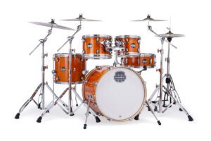 Mapex Mars Maple, 5 Piece Drum Kit in Gloss Amber with a snare drum, 2x rack toms, floor tom ,a kick drum and various cymbals - Learn Drums at The Music Rooms