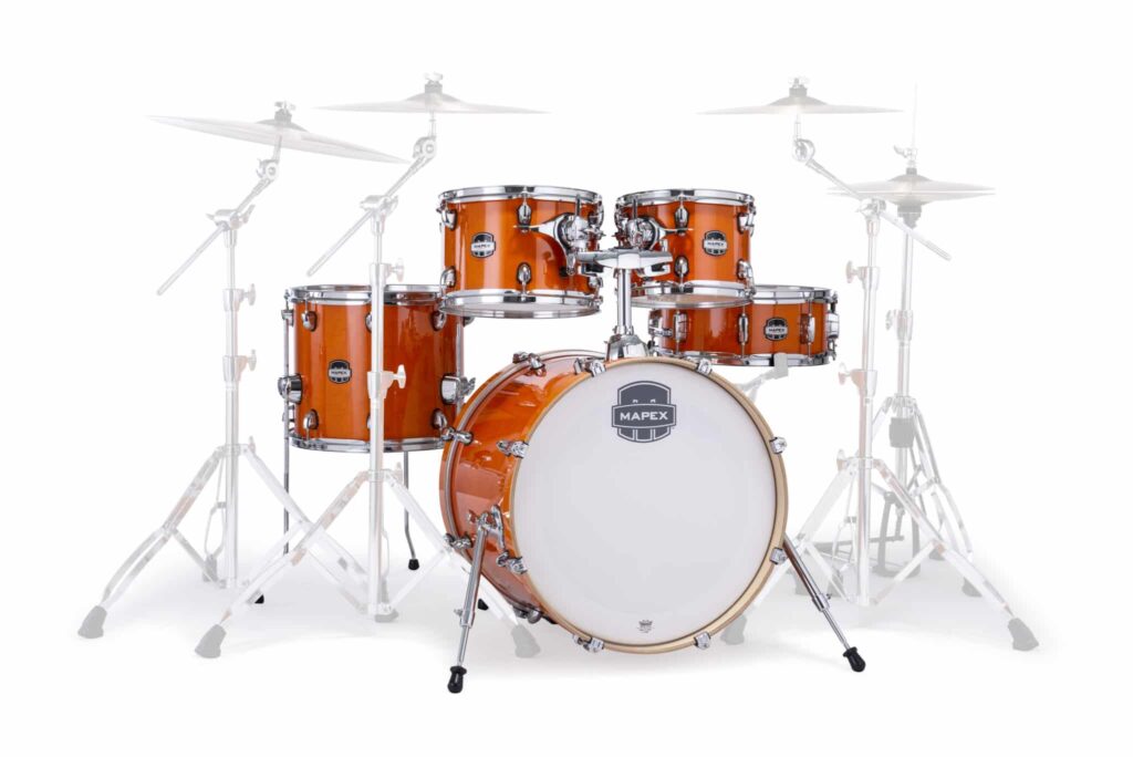 Mapex Mars Maple, 5 Piece Drum Kit in Gloss Amber with a snare drum, 2x rack toms, floor tom , a kick drum
