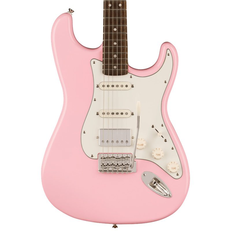 Squier FSR Classic Vibe 60's Stratocaster Electric Guitar in Shell Pink. Vertical close-up of body with 3 control knobs on 6-string guitar
