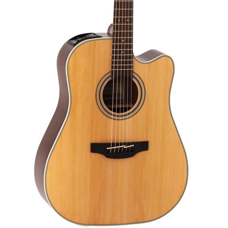 Soundhole and body of 6-string Takamine GD20CE-NS Electro Acoustic Guitar in Natural