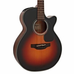 Soundhole and body of 6-string Takamine GF30CE BSB Electro Acoustic Guitar in Brown Sunburst