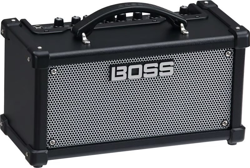 Front of black Boss Dual Cube LX Portable Guitar Amp with silver grill