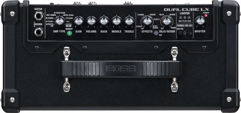 Top of black Boss Dual Cube LX Portable Guitar Amp showing cable jacks and control knobs