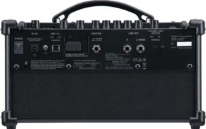 Rear of black Boss Dual Cube LX Portable Guitar Amp showing cable jacks