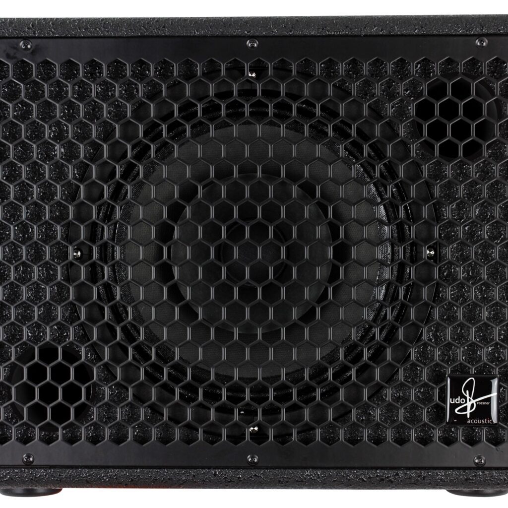 Front grill of black Udo Roesner Dacapo 75 Acoustic Amplifier