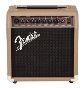 Fender Acoustasonic 15 Acoustic Combo Amplifier in brown leather with black grill. Shows 6 control knobs and on/off switch