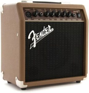 Fender Acoustasonic 15 Acoustic Combo Amplifier in brown leather with black grill. Shows 6 control knobs and on/off switch