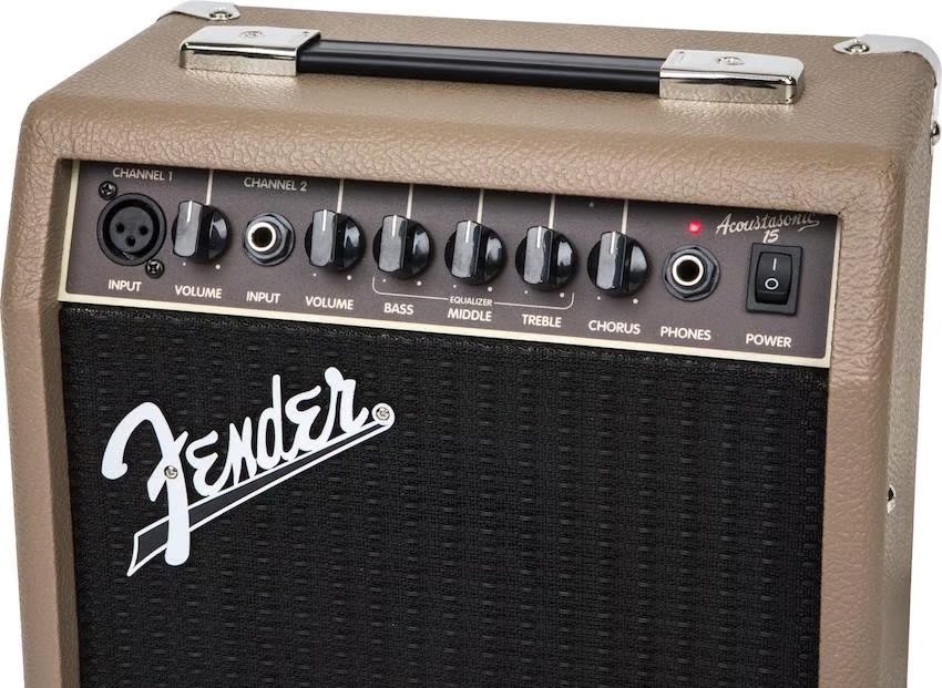 Fender Acoustasonic 15 Acoustic Combo Amplifier. Top of the brown amp showing volume control knobs and power switch