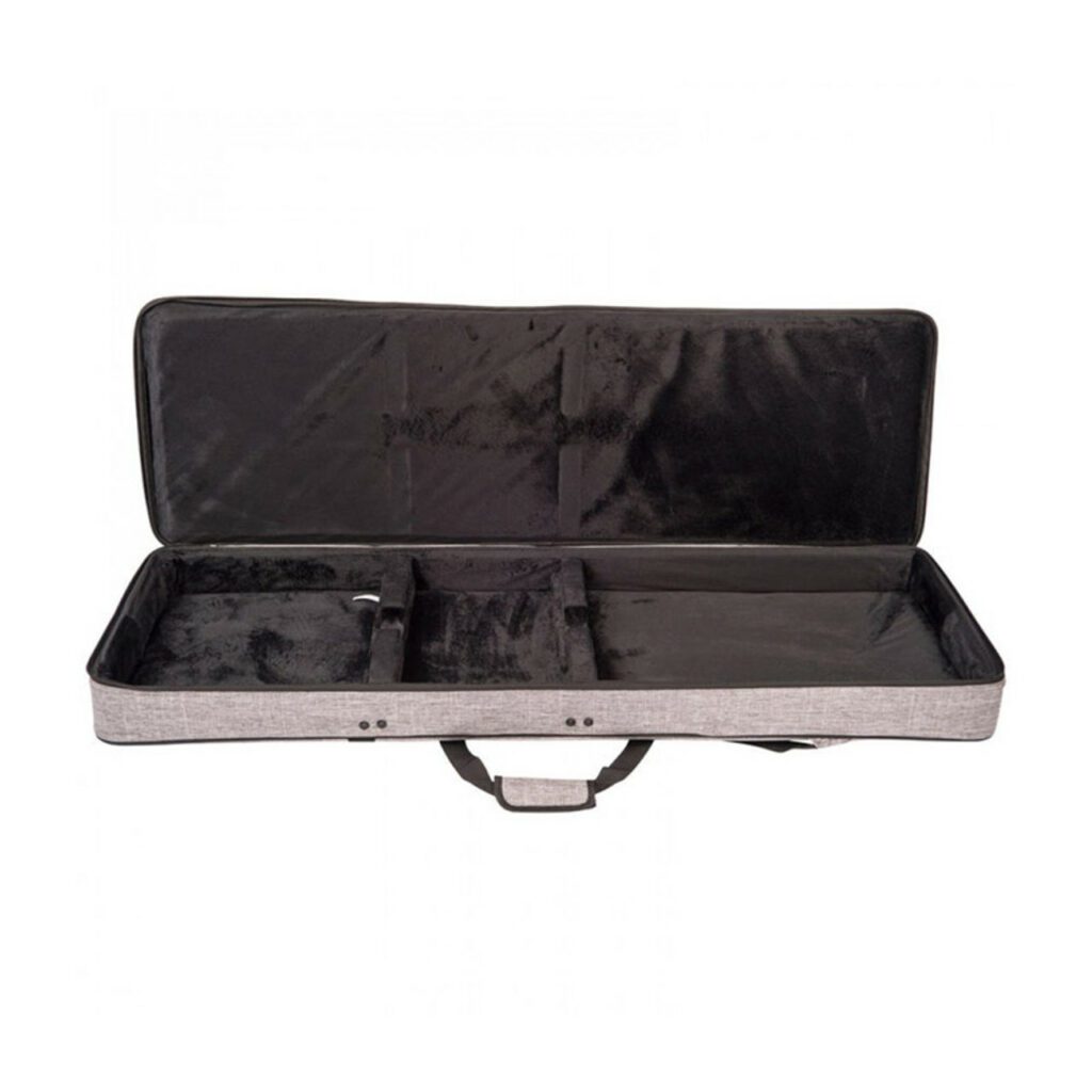 Kinsman KUEB9 Ultima Bass Guitar Case, Grey with shoulder straps and carry handle in opened position
