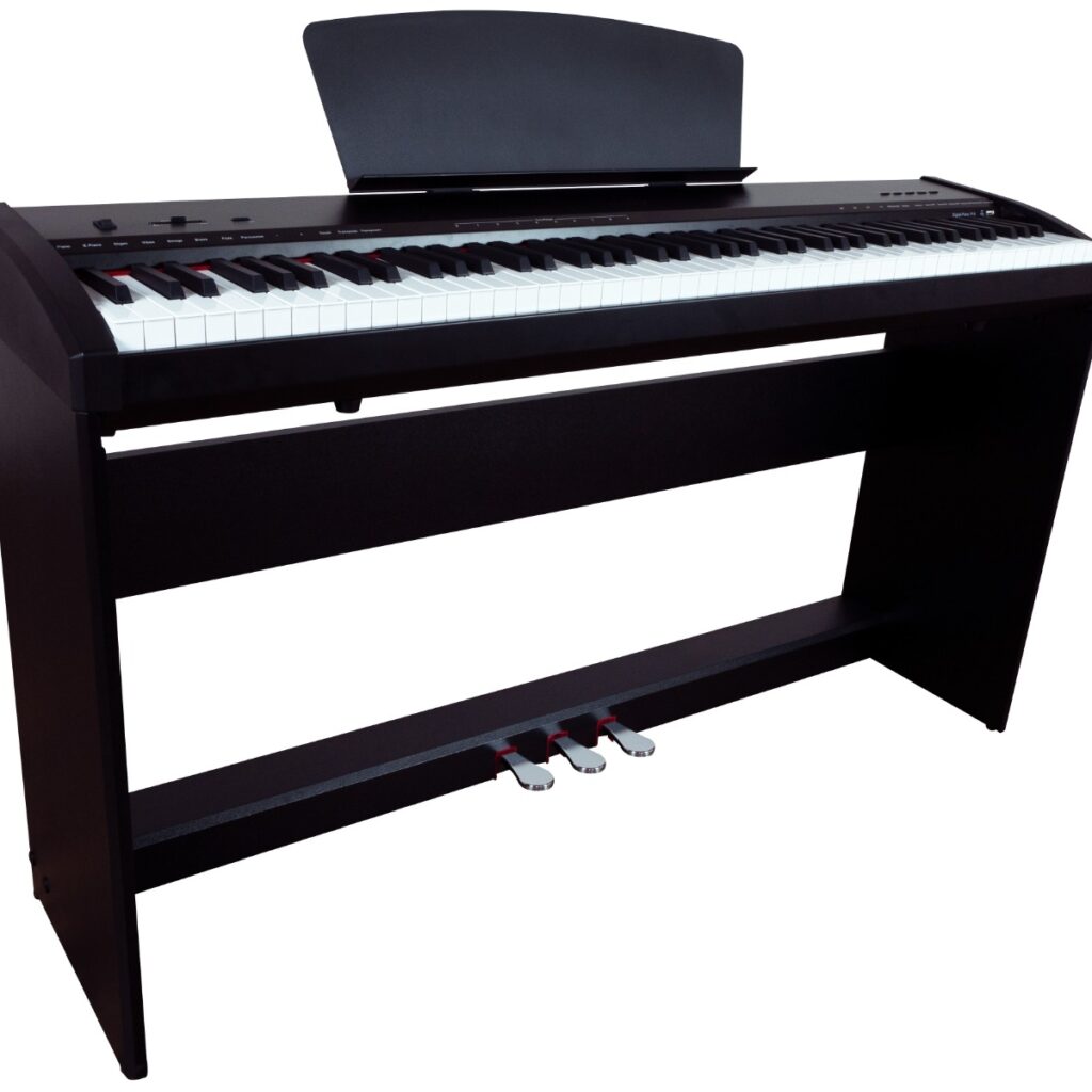 Montford Digital Piano - 88 Key black piano with sheet music holder and 3 silver foot pedals