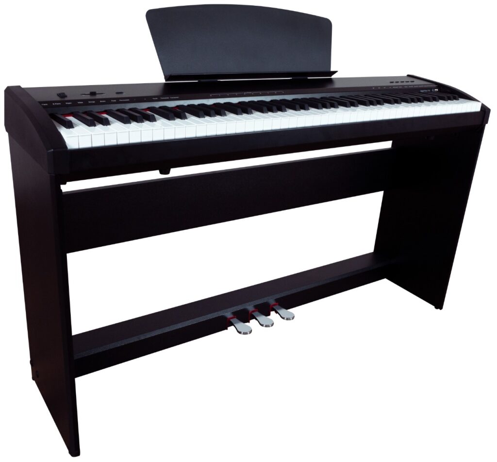 Montford Digital Piano - 88 Key black piano with sheet music holder and 3 silver foot pedals