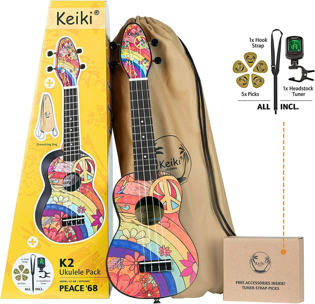 Ortega K2-Peace '68 ukulele pack featuring box, ukulele, bag, strap, 5 guitar picks and headstock tuner
