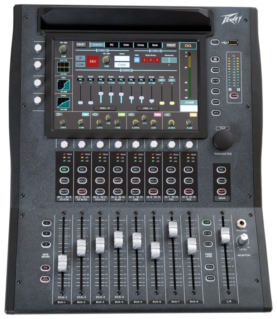 Black Peavey Aureus 28 Digital Mixer with track volume sliders and digital display screen.