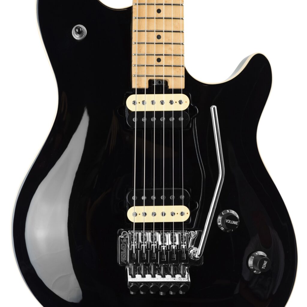 Close-up of body on black 6-string Peavey HP2 Electric Guitar Tremolo