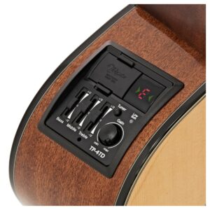 Close-up of TP-4TD guitar pre-amp for Takamine GN30CE NEX Electro Acoustic Guitar in Natural