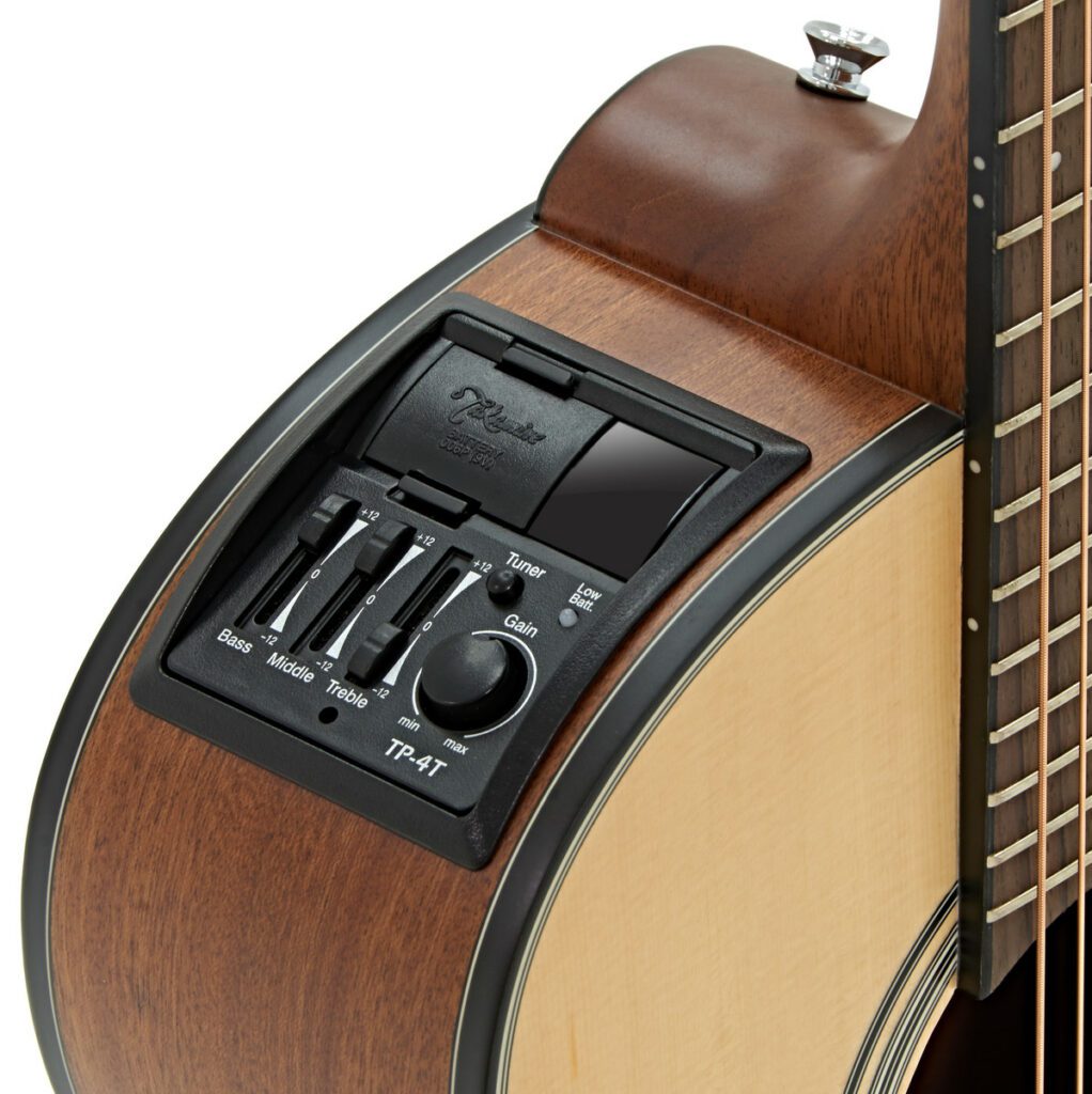 Close-up of TP-4T pre-amp for Takamine GX18CE NEX Taka-Mini Electro Acoustic Travel Guitar in Natural