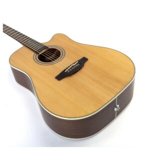Soundhole and body of 6-string Takamine GD20CE-NS Electro Acoustic Guitar in Natural
