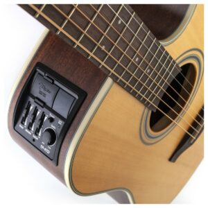 Close-up of TP-4TD guitar preamp on 6-string Takamine GD20CE-NS Electro Acoustic Guitar in Natural