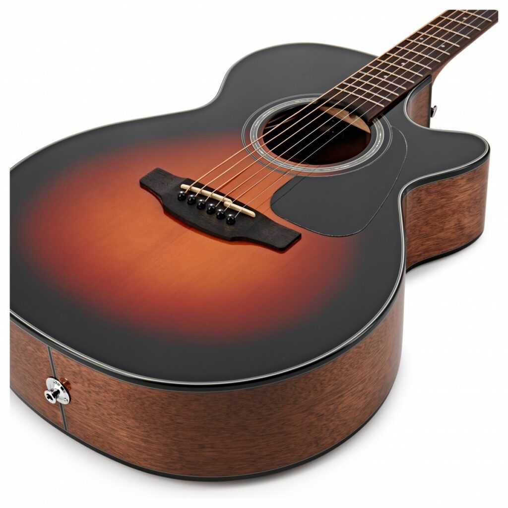 Close-up of soundhole and body of 6-string Takamine GF30CE BSB Electro Acoustic Guitar in Brown Sunburst