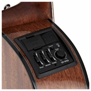 Close-up of TP-4TD guitar preamp on 6-string Takamine GF30CE BSB Electro Acoustic Guitar in Brown Sunburst