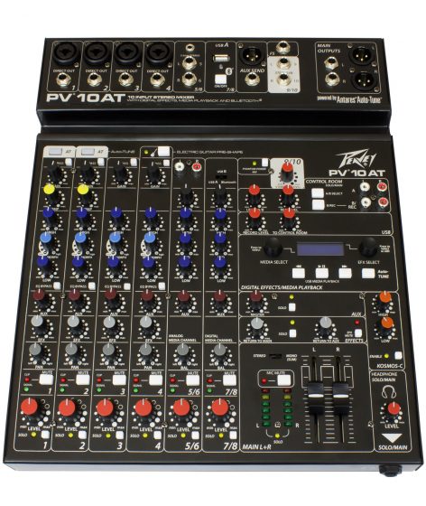 Top down view of Peavey Mixer PV10 AT (AUTO-TUNE) with various control dials