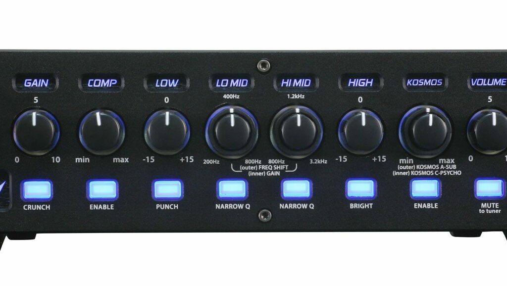 Front of black Peavey MiniMEGA Bass Amp with 8 control knobs for effects and filters with blue lights