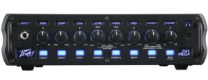 Front of black Peavey MiniMEGA Bass Amp with 8 control knobs for effects and filters with blue lights