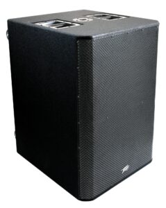 Front of Peavey RBN 215 Powered Subwoofer. RBN subwoofers feature two XLR-1/4″ combination inputs, a 3.5 mm input, and a mic/line level selection. Each input features digital infrasonic high-pass filters, a 9-band graphic EQ and delay.