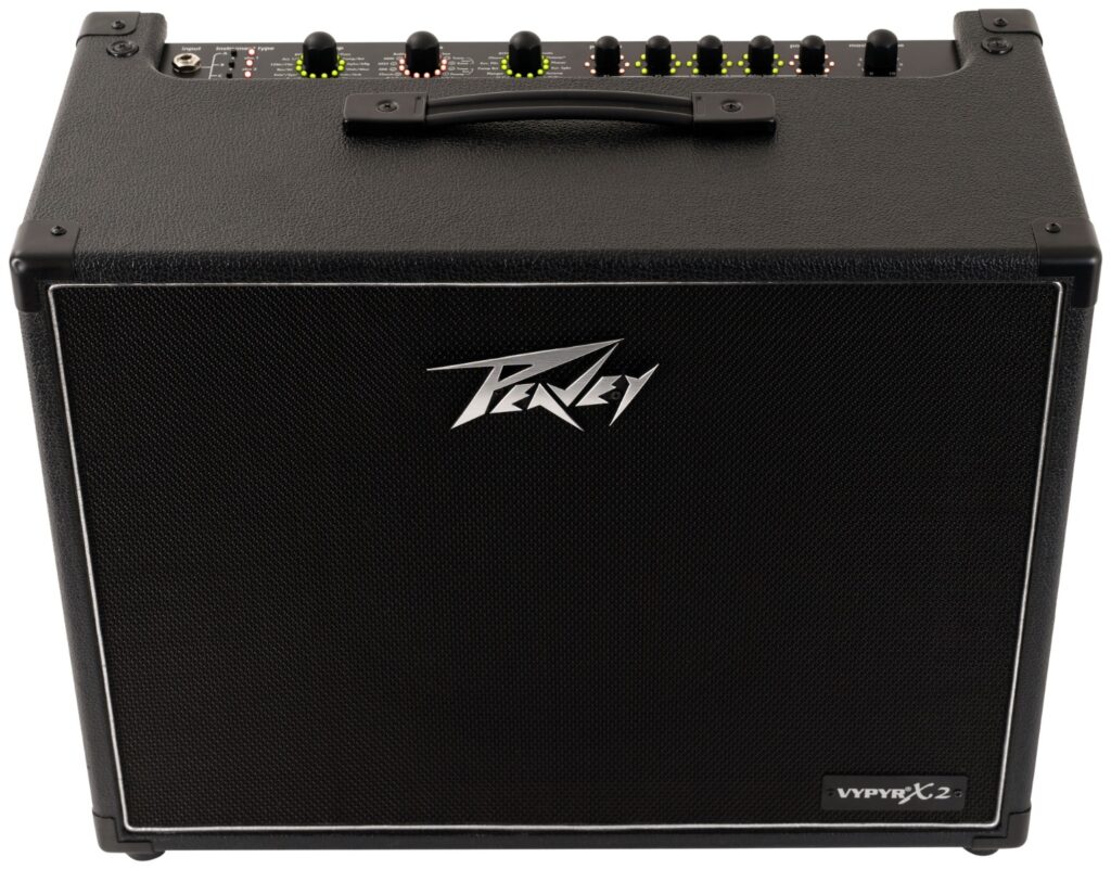 Top of black Peavey Vypyr X2 amp showing control knobs for volume, effects and amp settings
